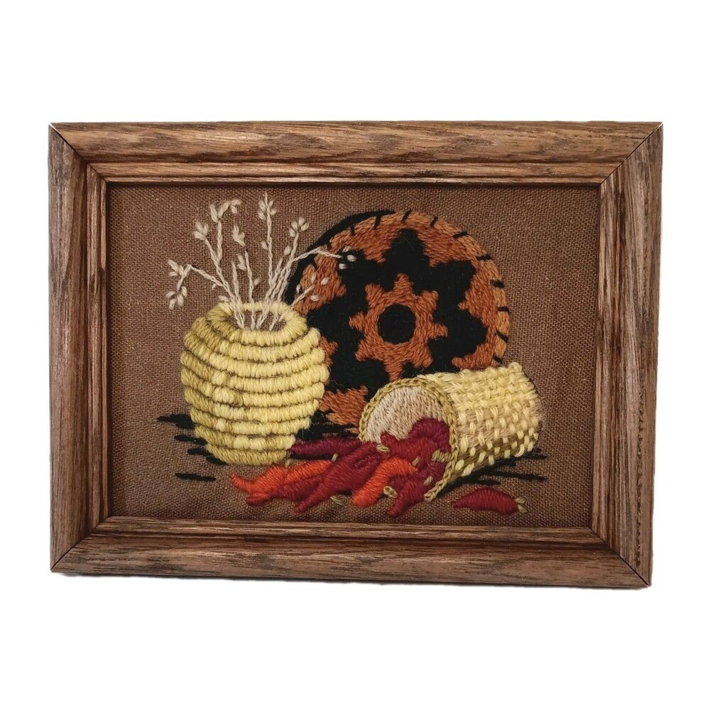 VTG Wood Framed Crewel Needlework Picture Southwest Peppers Woven Basket 6 x 8